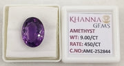 9.00 Carat Natural Amethyst Gemstone with Govt. Lab Certificate